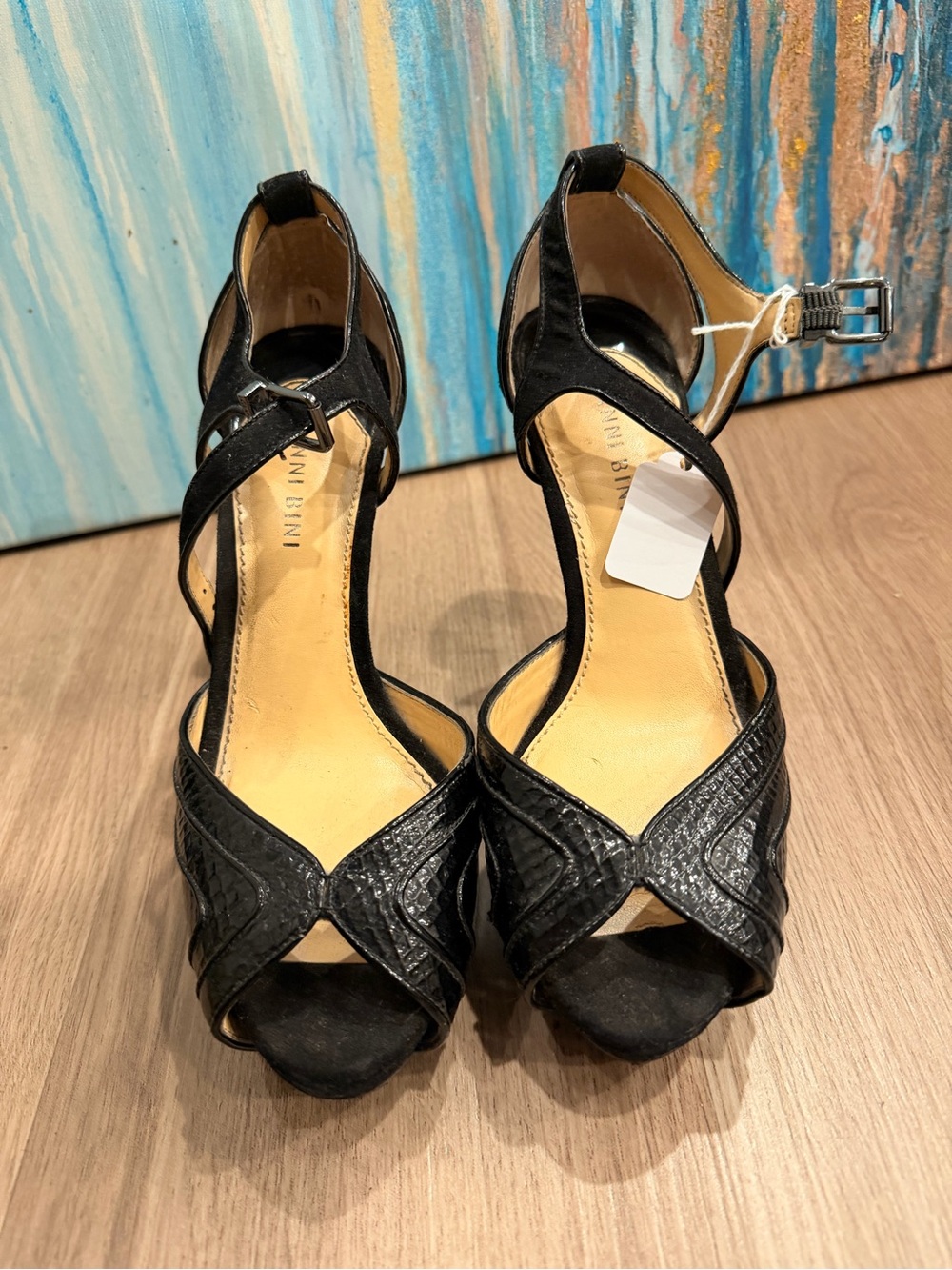 Gianni Bini Black Peep-Toe Crisscross Ankle Strap Heels